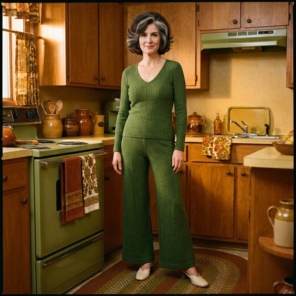 The Matching Knit Pantsuit in Avocado Green That You'd Recognize From a Mile Away