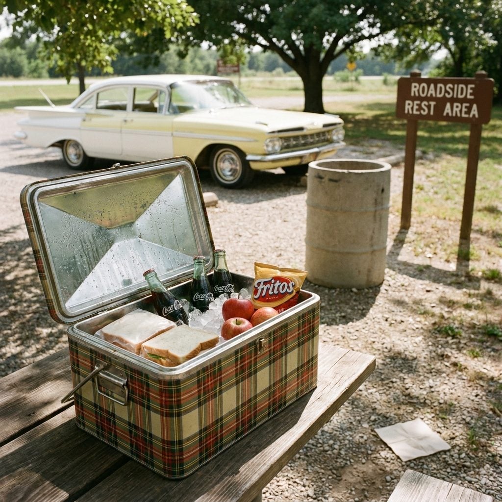 A Metal Picnic Cooler Packed With Sandwiches and Glass Soda Bottles