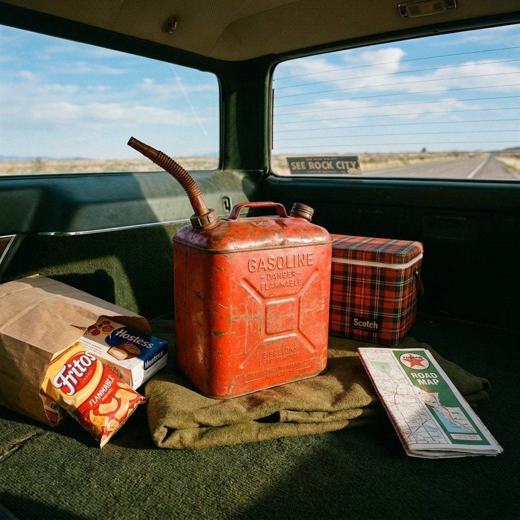 A Red Metal Gas Can Strapped in the Trunk Because Empty Stretches Were Real