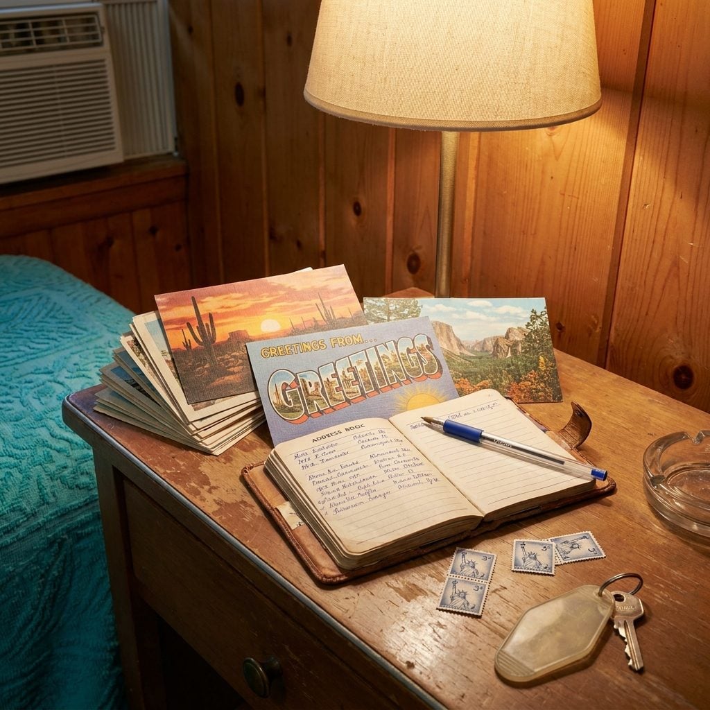 A Stack of Penny Postcards and Mom's Little Address Book for Vacation Updates