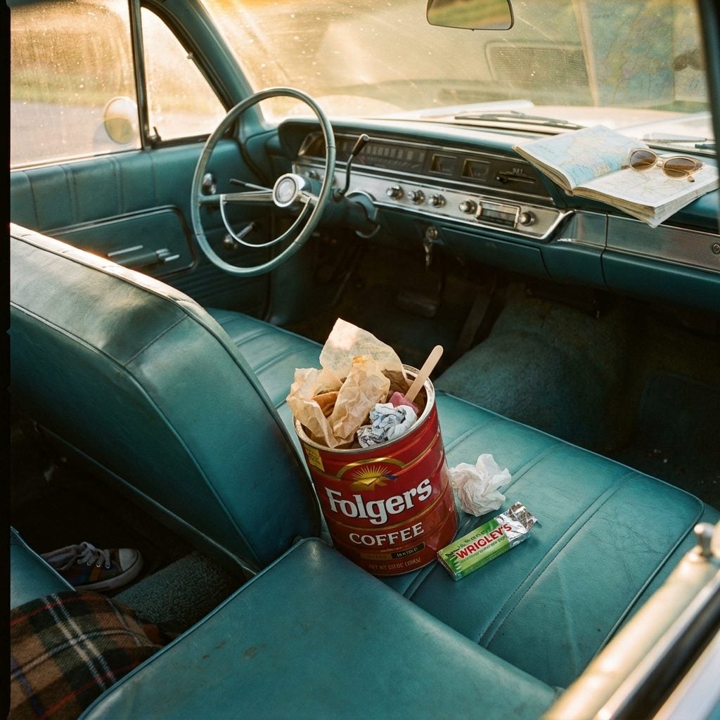 The Folgers Coffee Can Wedged Between the Front Seats as the Family Trash Bin