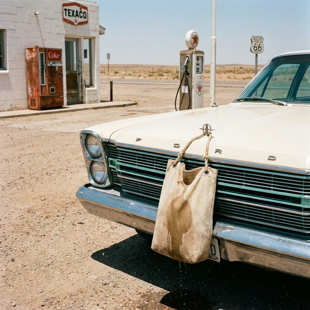 The Canvas Water Bag Hanging From the Front Bumper Like a Desert Talisman