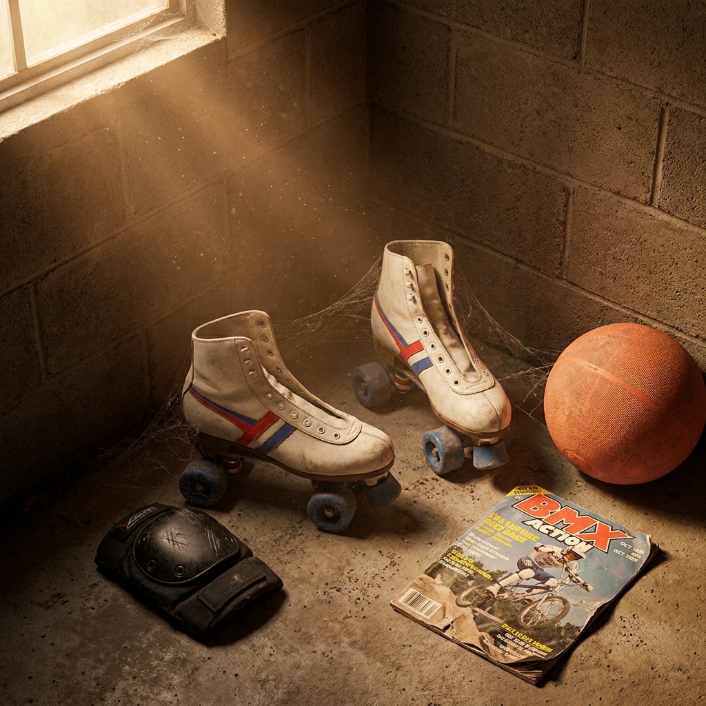The Roller Skates Shoved Into a Corner, One Missing Its Stopper, Both Missing Their Laces
