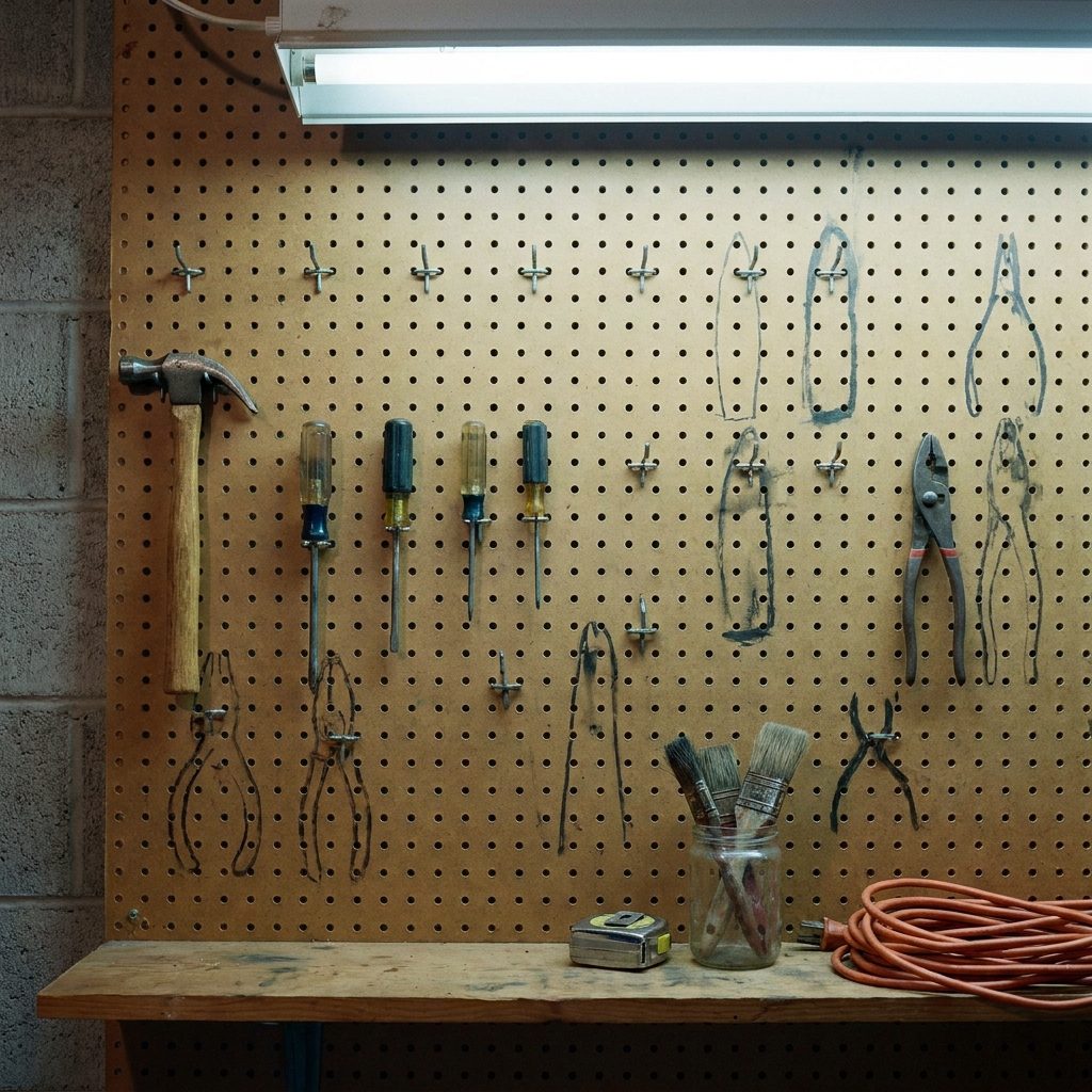 The Pegboard With Painted Tool Outlines and Suspiciously Empty Hooks