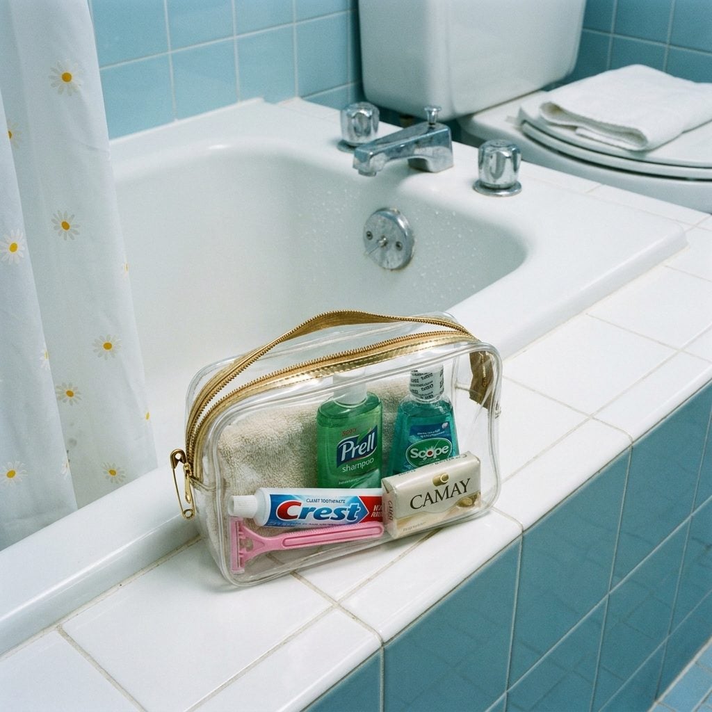 A Vinyl Toiletry Bag With a Broken Zipper Held Together by Sheer Determination
