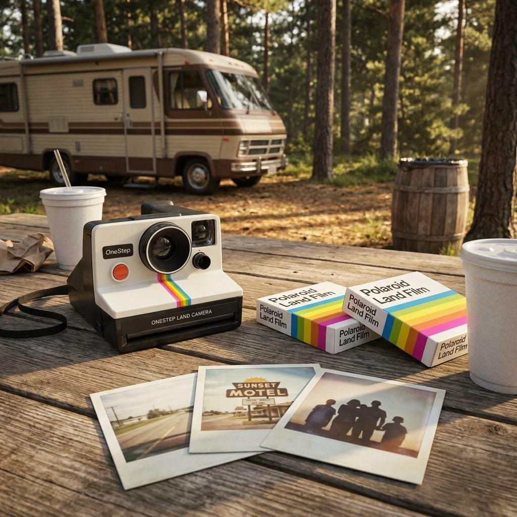 A Polaroid Camera With Extra Film Cartridges Stored Like Buried Treasure
