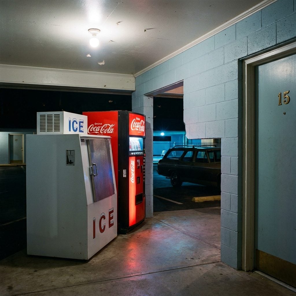 Coin-Operated Ice Machines Humming in an Outdoor Breezeway at Midnight