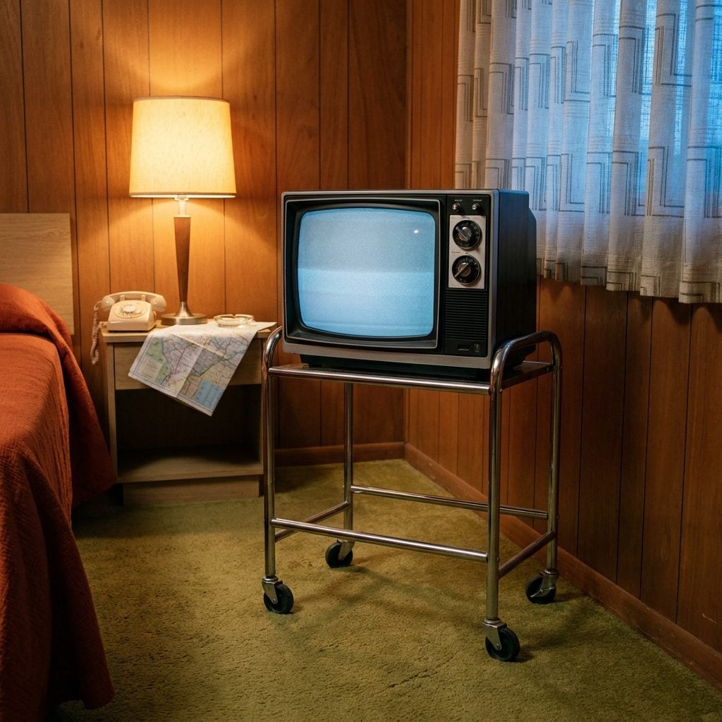 The Black-and-White Television Bolted to a Metal Stand Like It Might Walk Off