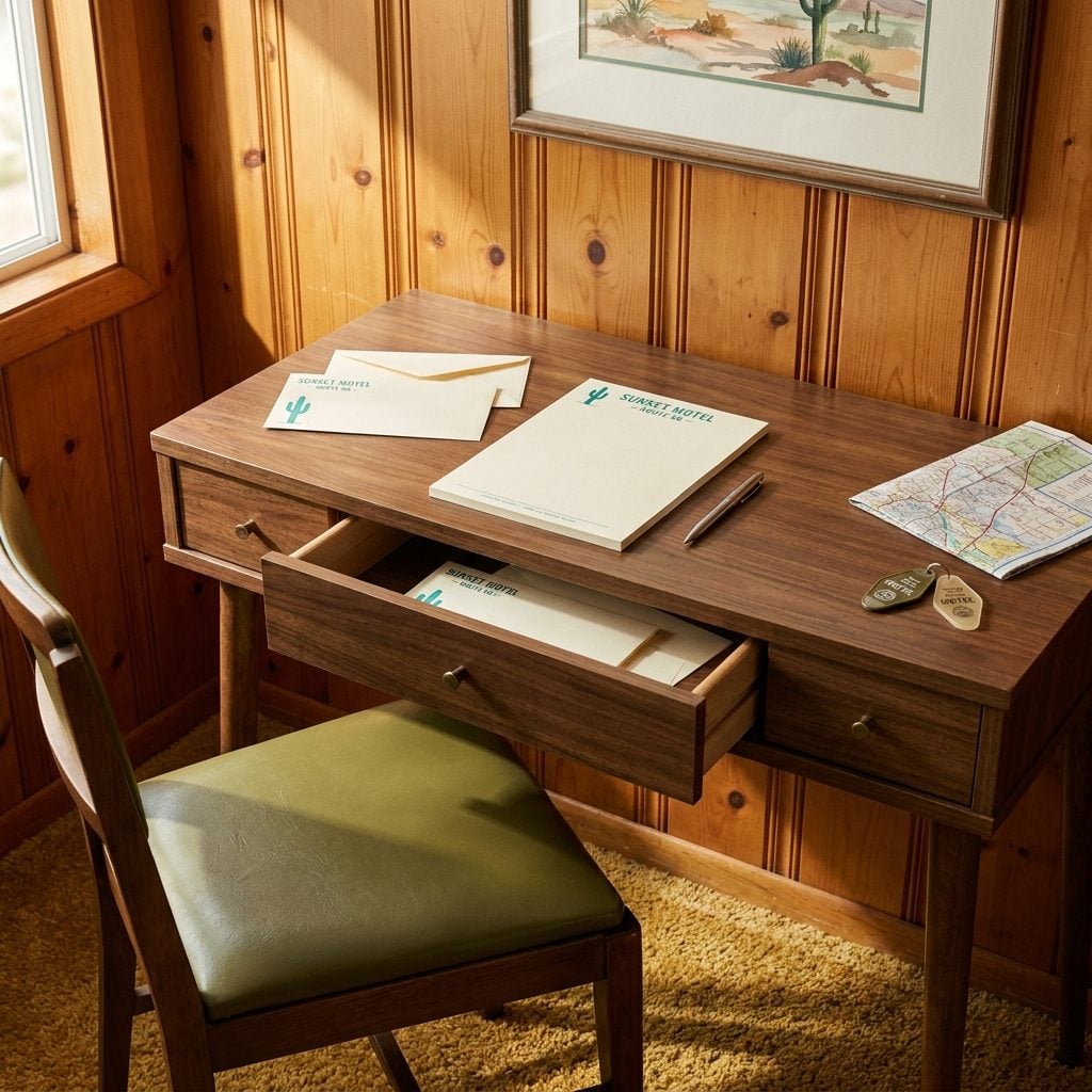 The Small Writing Desk Stocked with Free Motel Stationery Nobody Used for Writing