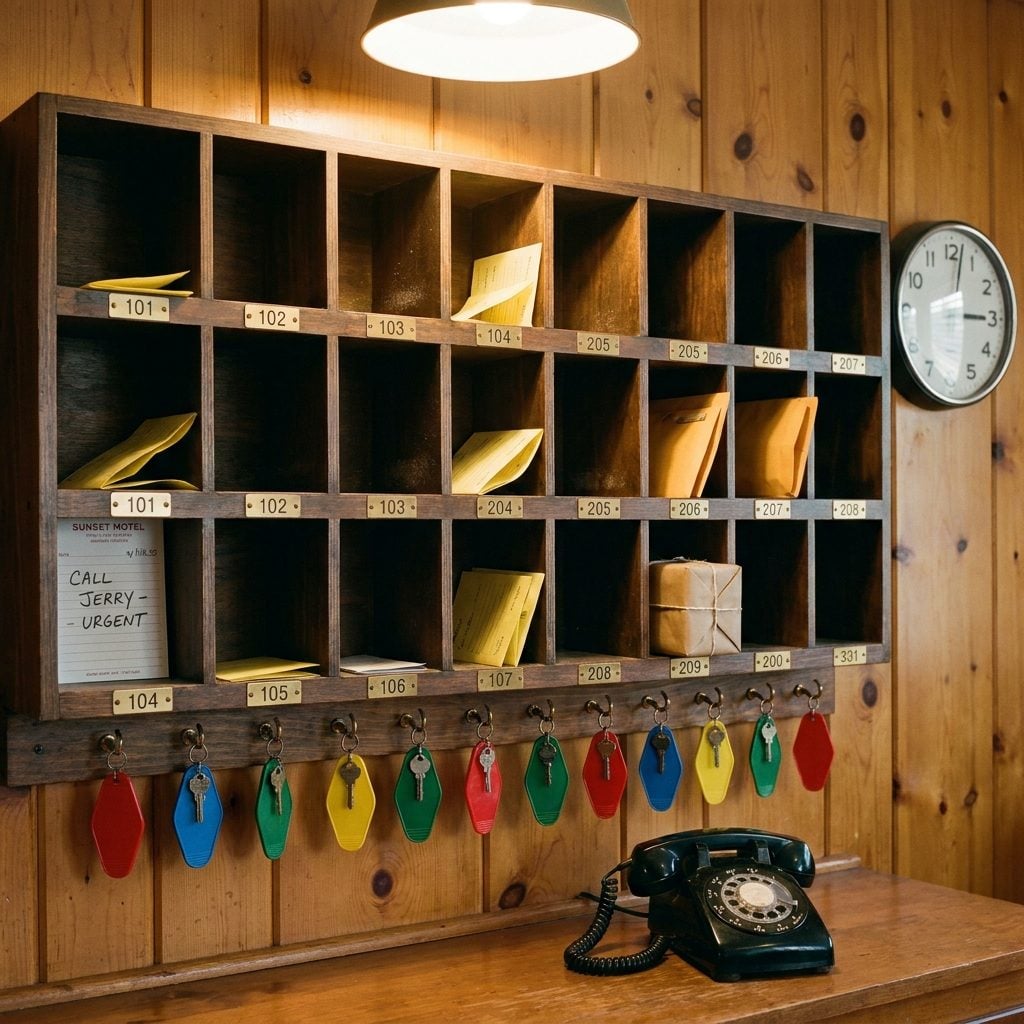 Metal Mail Slots and Message Cubbies Behind the Front Desk