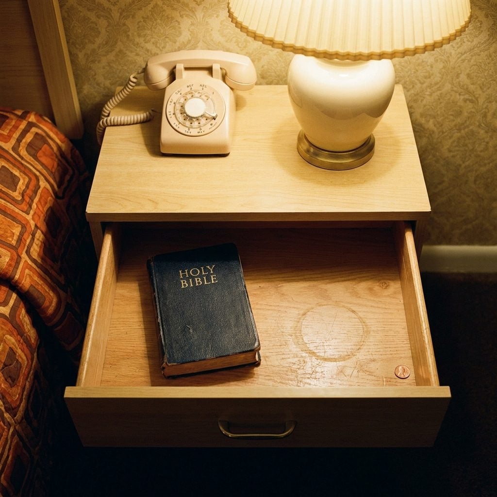 A Printed Gideon Bible in the Nightstand Drawer