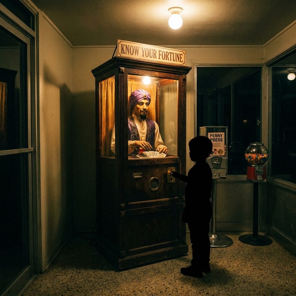 The Coin-Operated Fortune Teller in the Glass Case Who Knew Your Future for a Dime