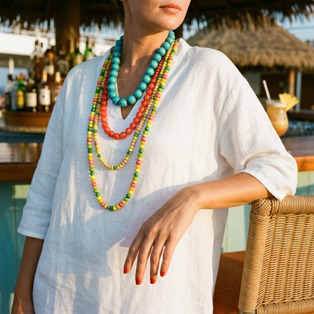 Colorful Beaded Necklaces Layered Three Deep Over Resort Wear