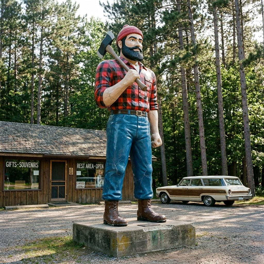 Giant Fiberglass Paul Bunyan Figures Standing Guard at Every Other Rest Stop