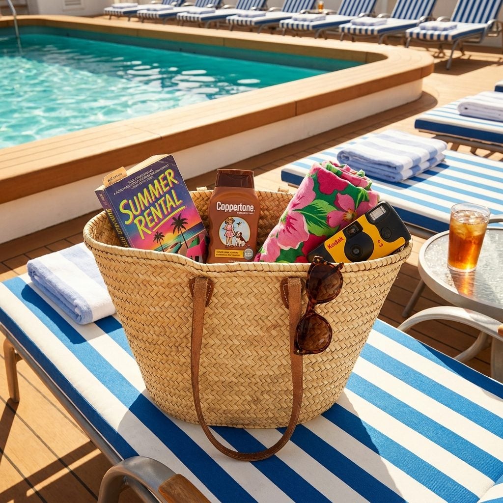 Large Woven Beach Totes Stuffed With Paperbacks, Sunscreen, and a Disposable Camera