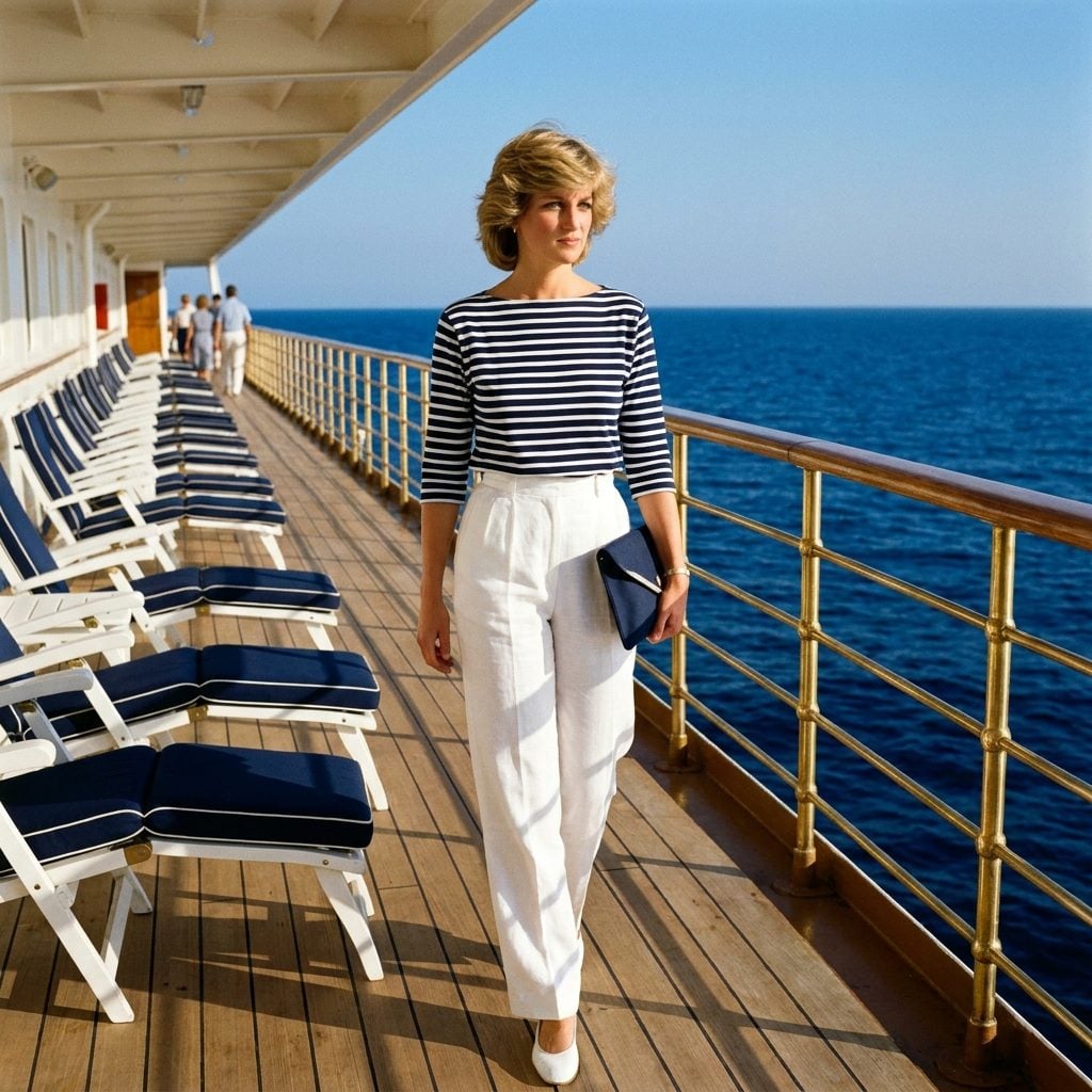 The Nautical-Striped Knit Top Paired with Crisp White Slacks