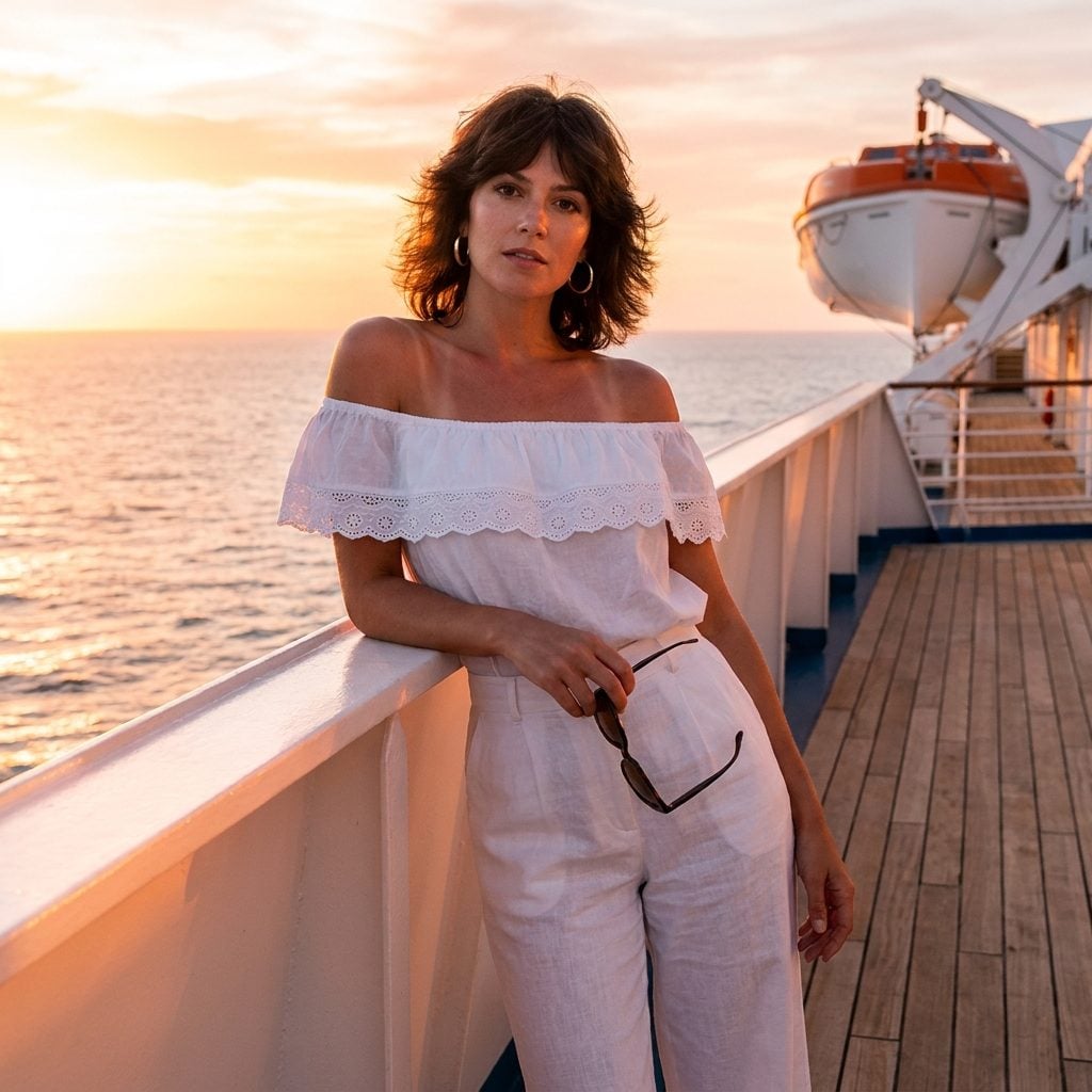 Off-the-Shoulder Peasant Blouses Paired With White Pants and a Sunburn