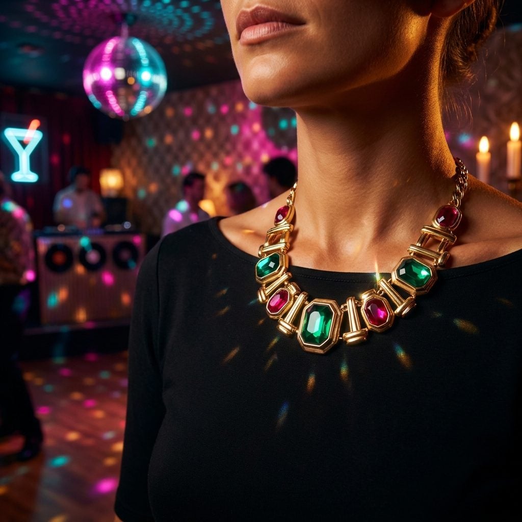 Statement Costume Jewelry Featuring Oversized Gems That Sparkled Under the Disco Ball