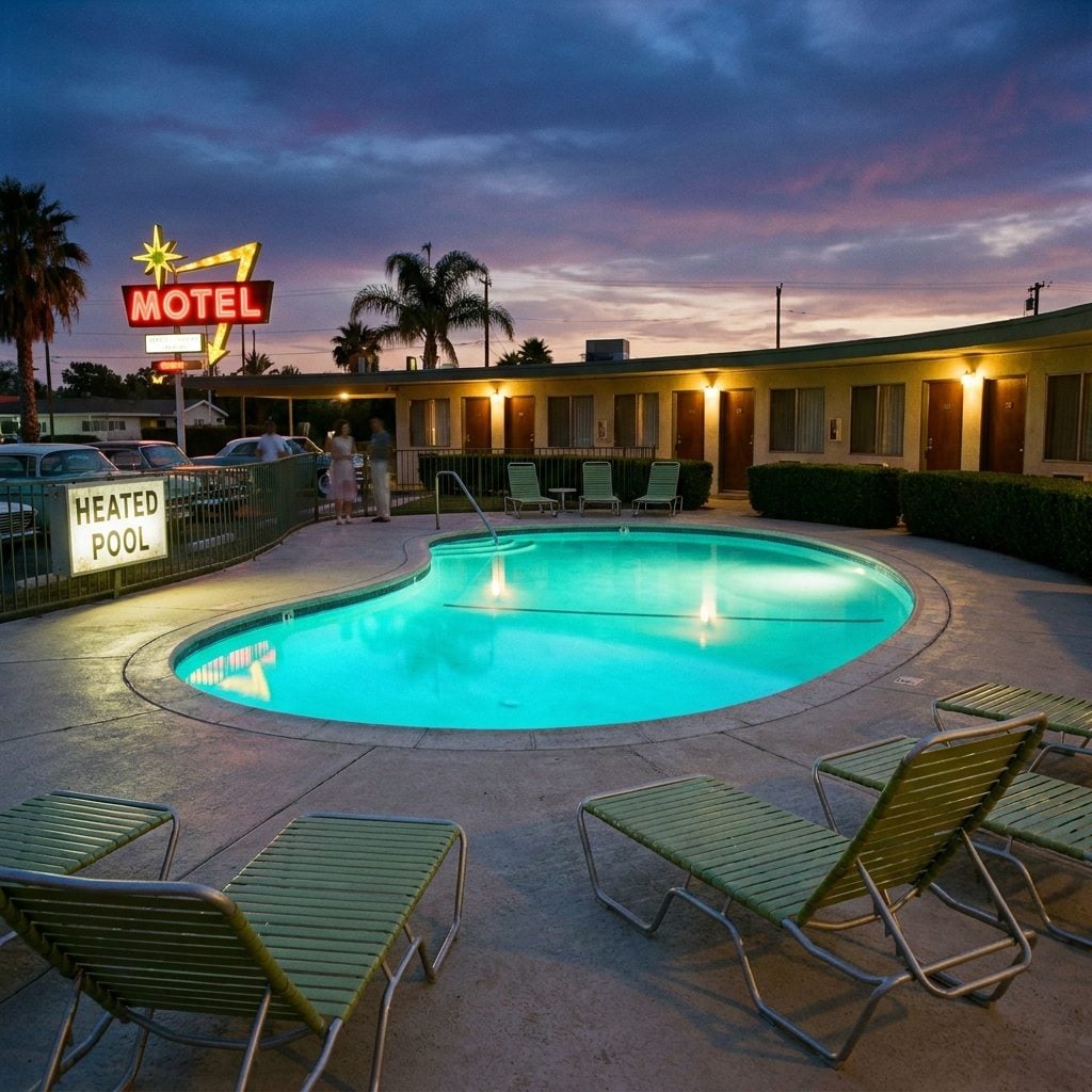 The Heated Swimming Pool Sign Glowing Blue in the Dark