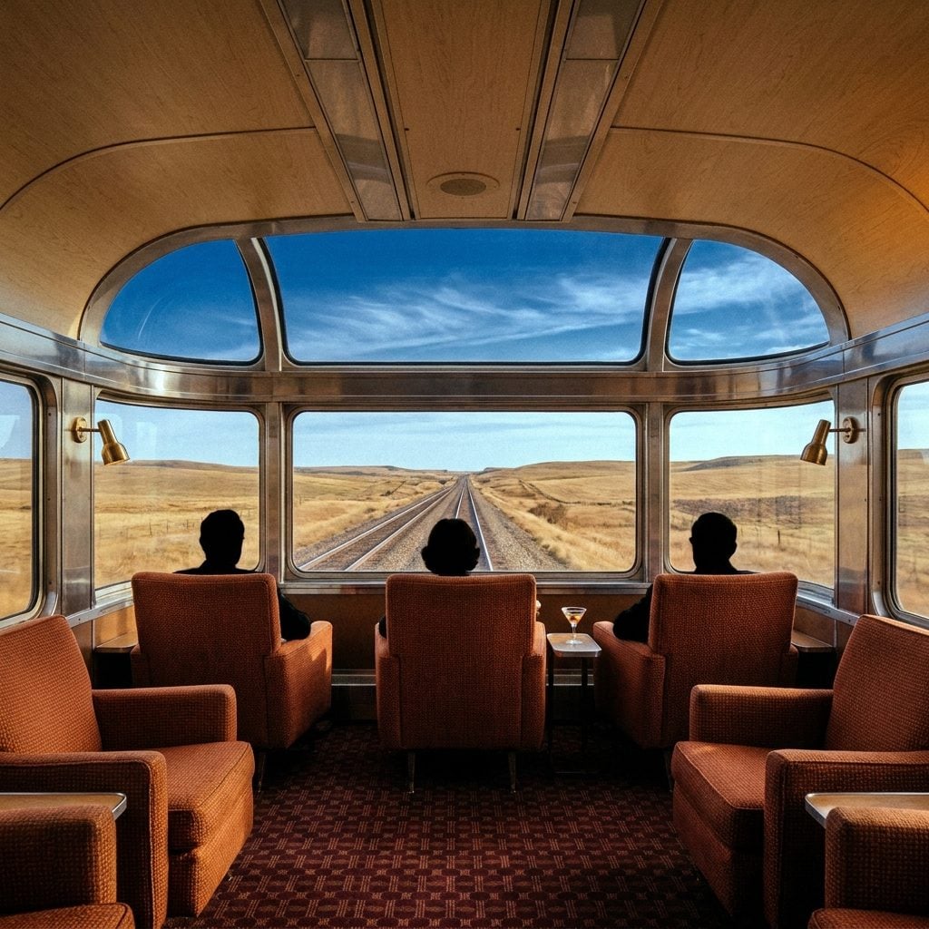 The Observation Car's Curved Rear Window Looking Back Down the Track