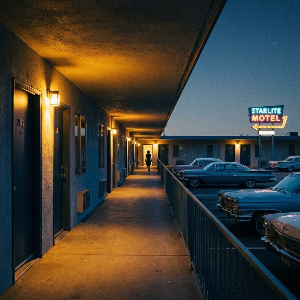 The Outdoor Corridor Light Fixture That Threw a Warm Cone Over Every Room Door