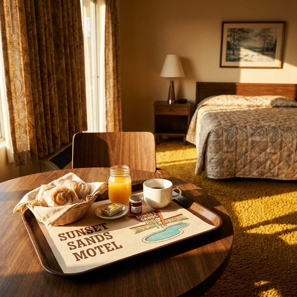 The Paper Placemat on the In-Room Breakfast Tray With the Motel's Own Logo