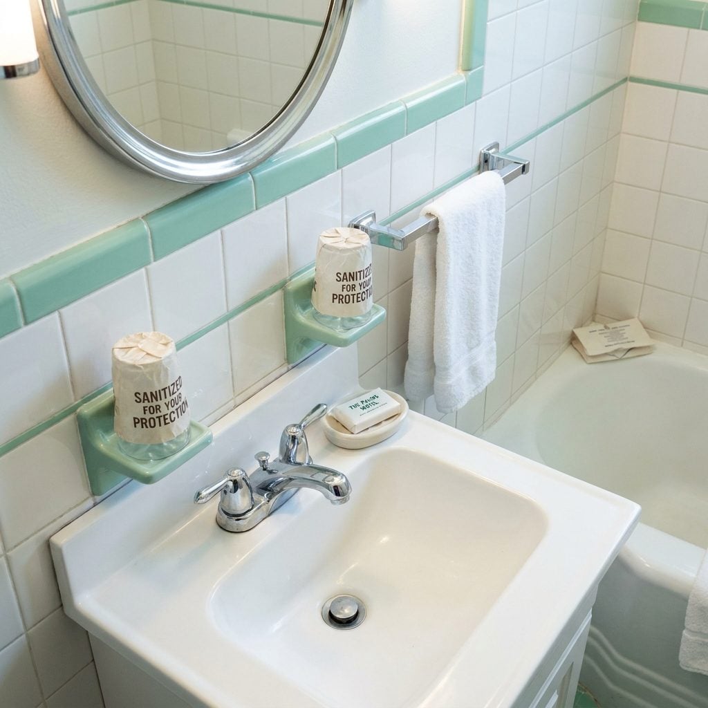 The Plastic Tumbler Sealed in a Paper Sleeve Beside the Bathroom Sink
