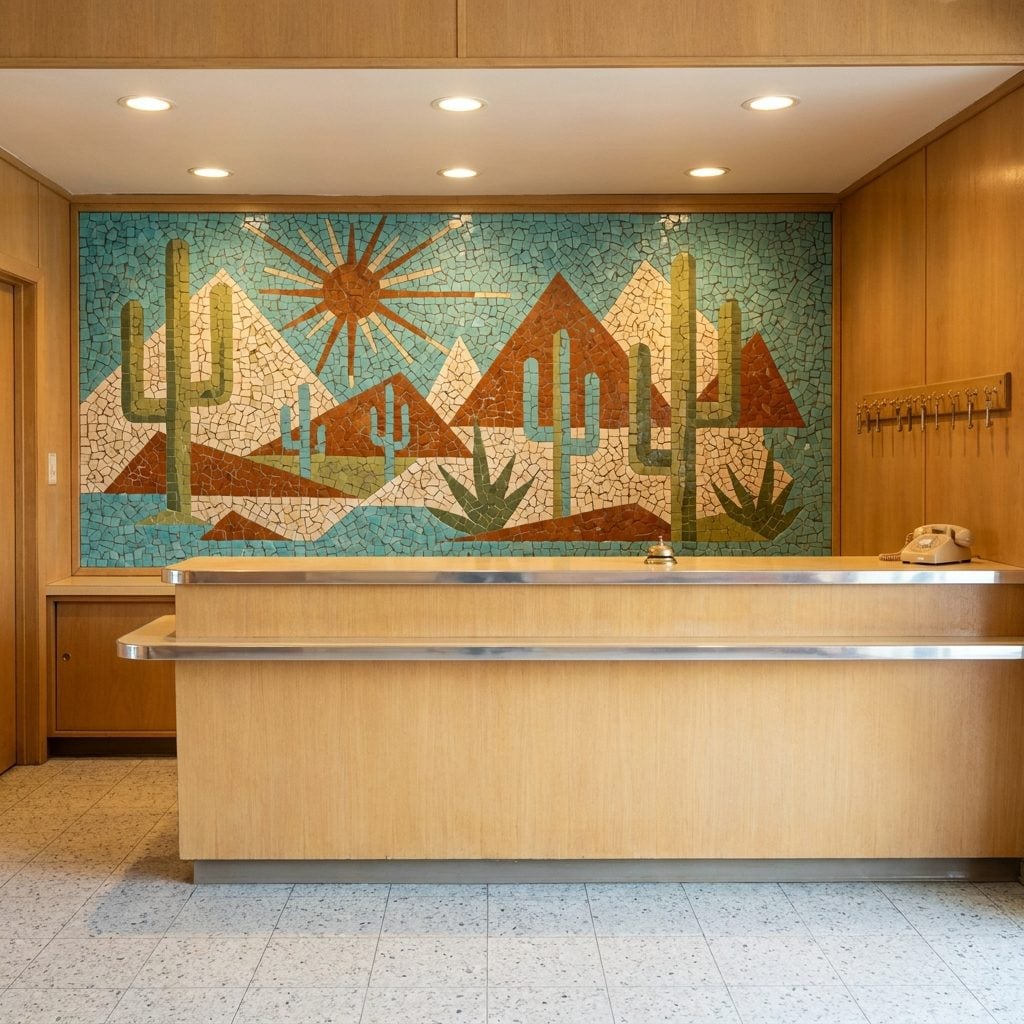 The Tile Mosaic Decorative Wall Behind the Check-In Desk