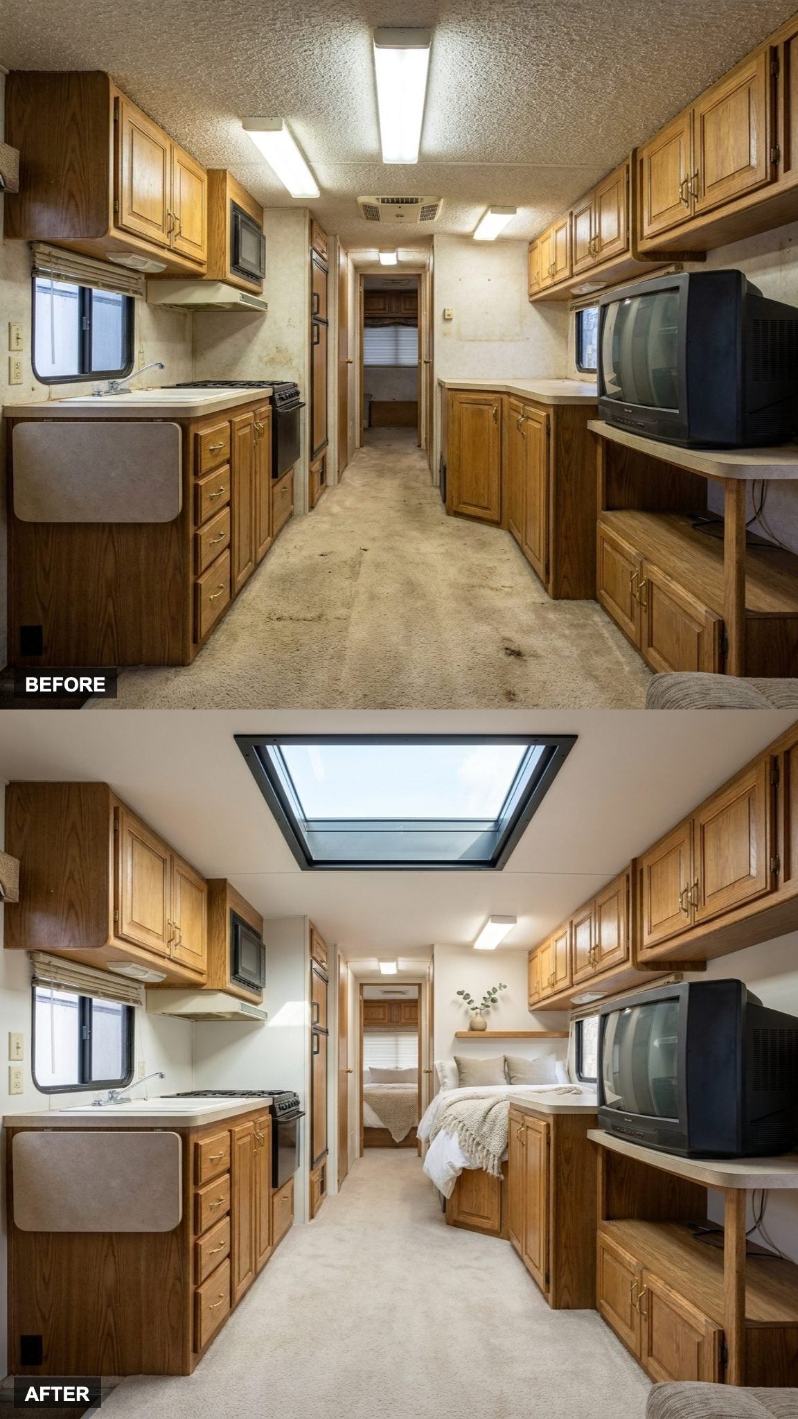 A large skylight makes the sleeping area the brightest room on board