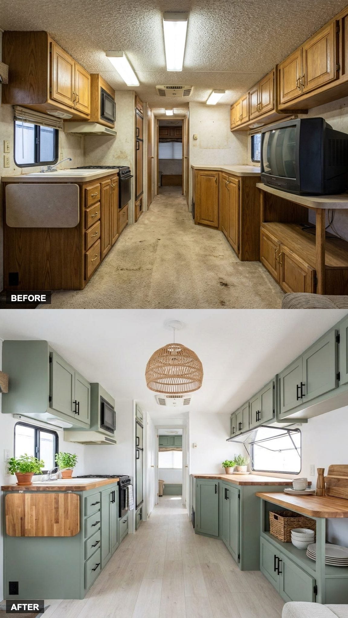 Avocado-green galley gives way to a sage kitchen with real breathing room
