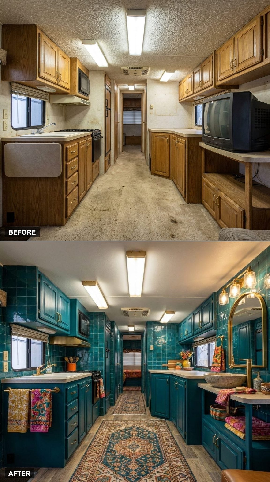Glossy teal tile turns a dark galley into a boutique kitchenette