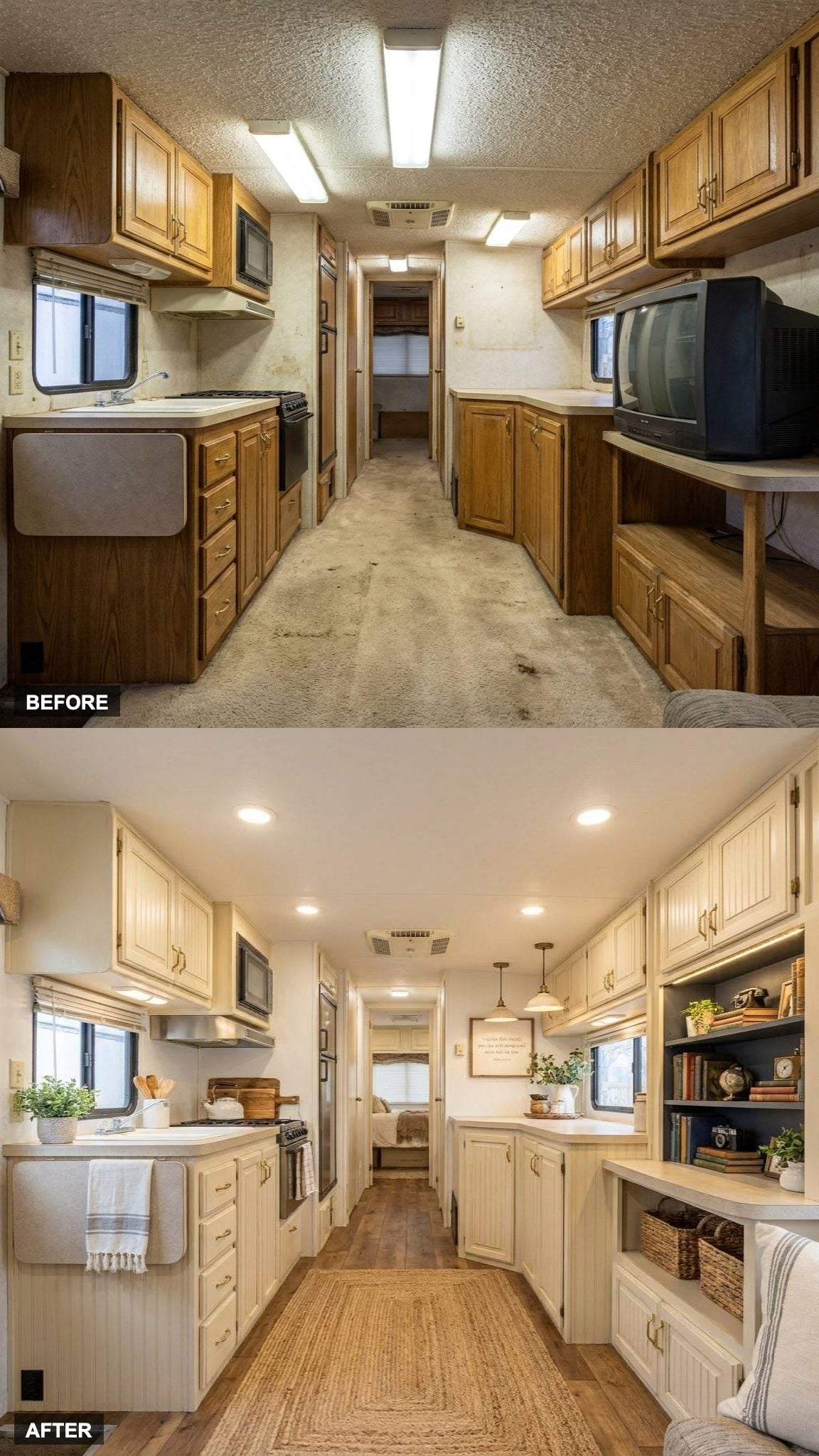 A dark recessed bookshelf replaces the CRT television alcove