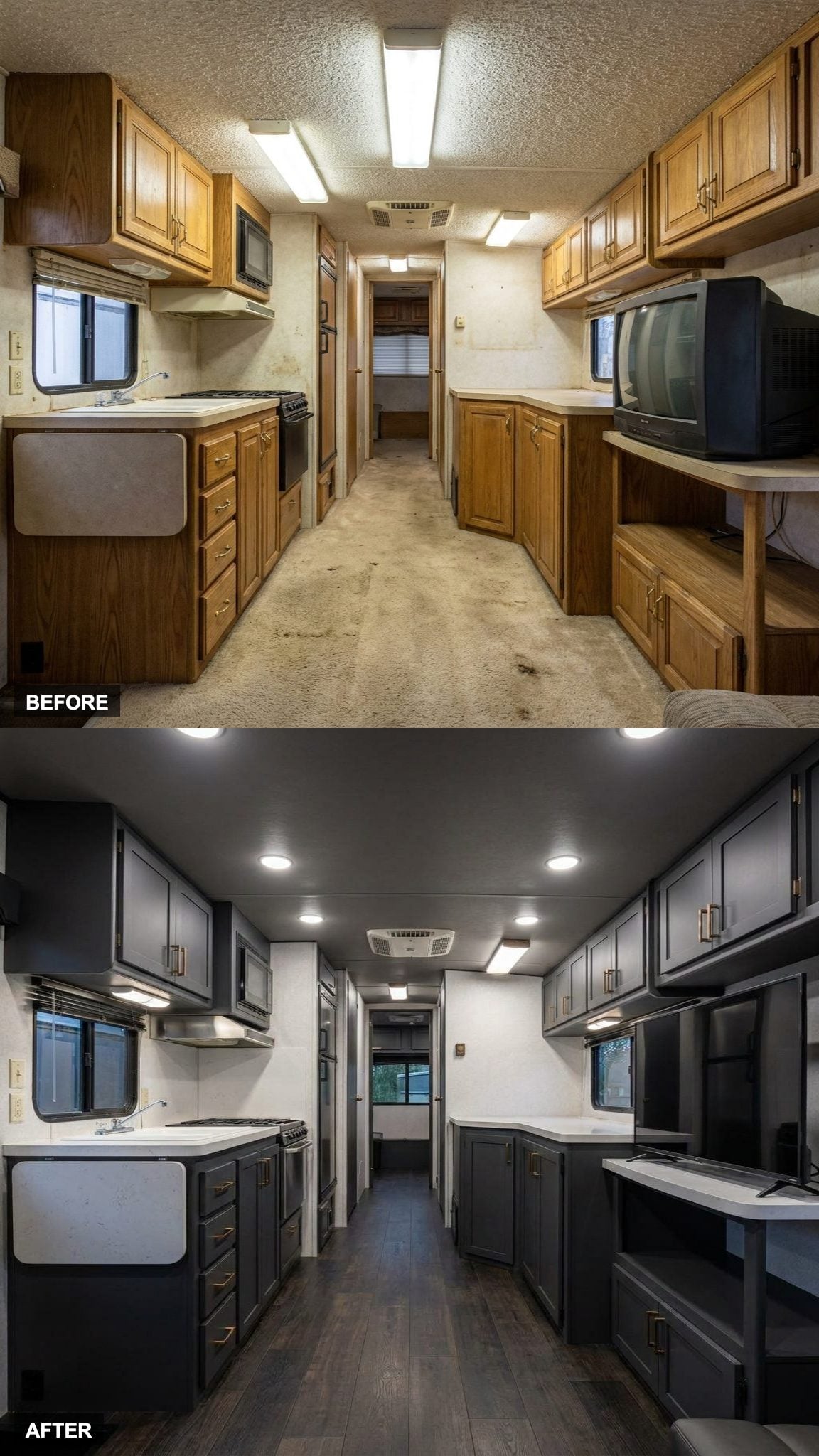 Dark cabinetry and charcoal flooring make the boxy shape feel intentional
