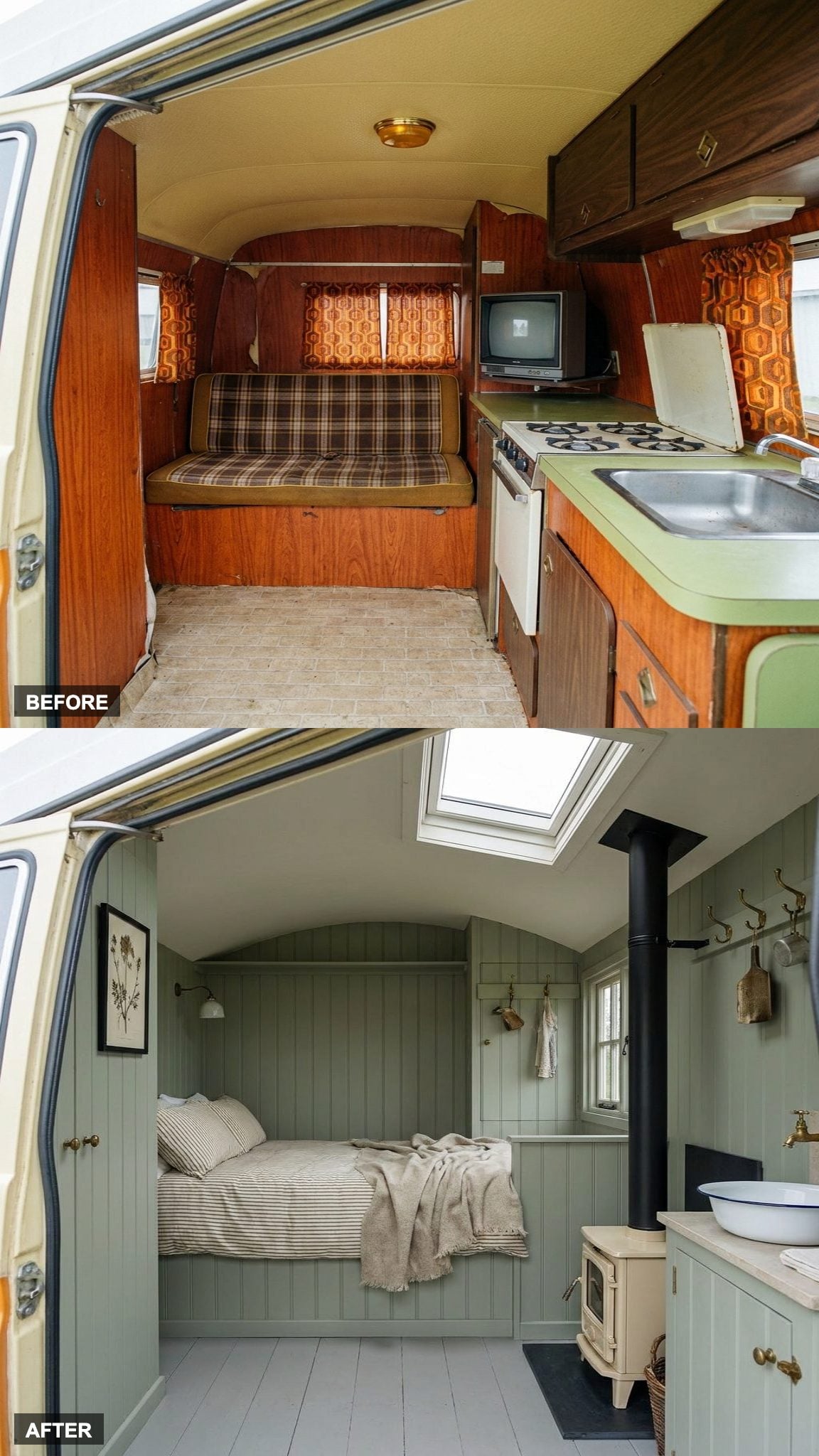 British Shepherd's Hut Charm in Sage and Ticking Stripe