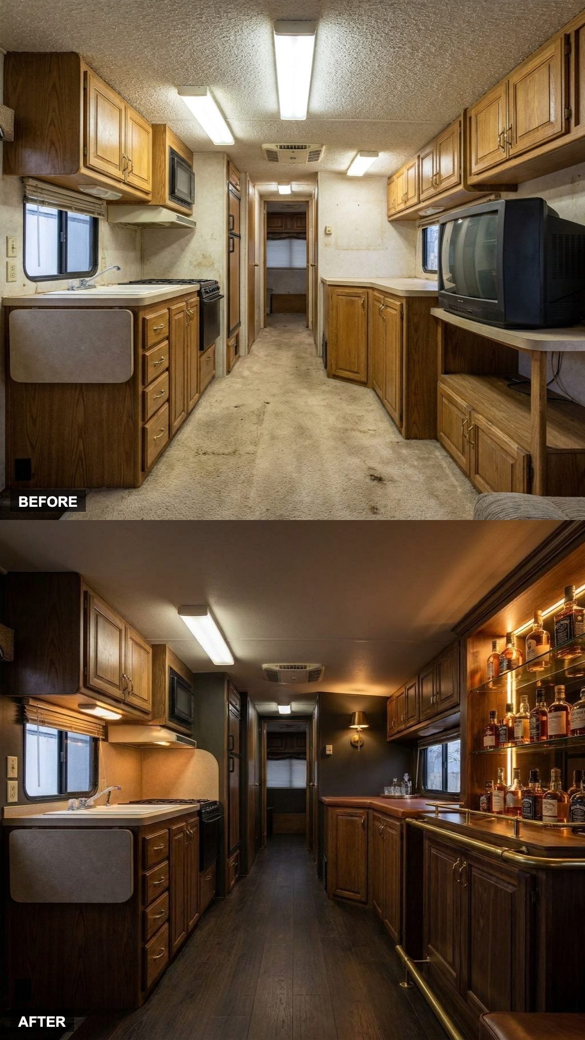 Bunk beds give way to a dark built-in bar that owns the wall
