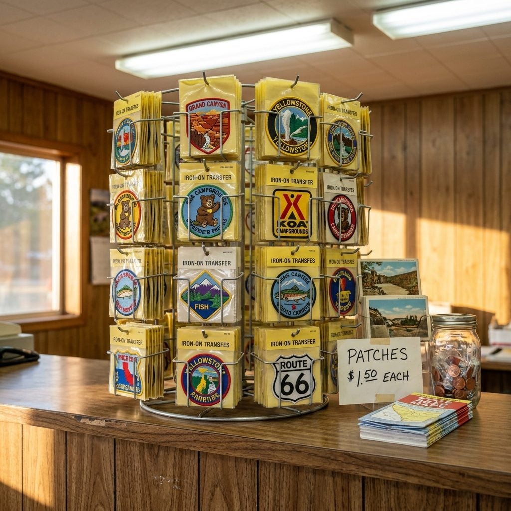 The Camp Store's Wire Rack of Souvenir Patches and Iron-Ons
