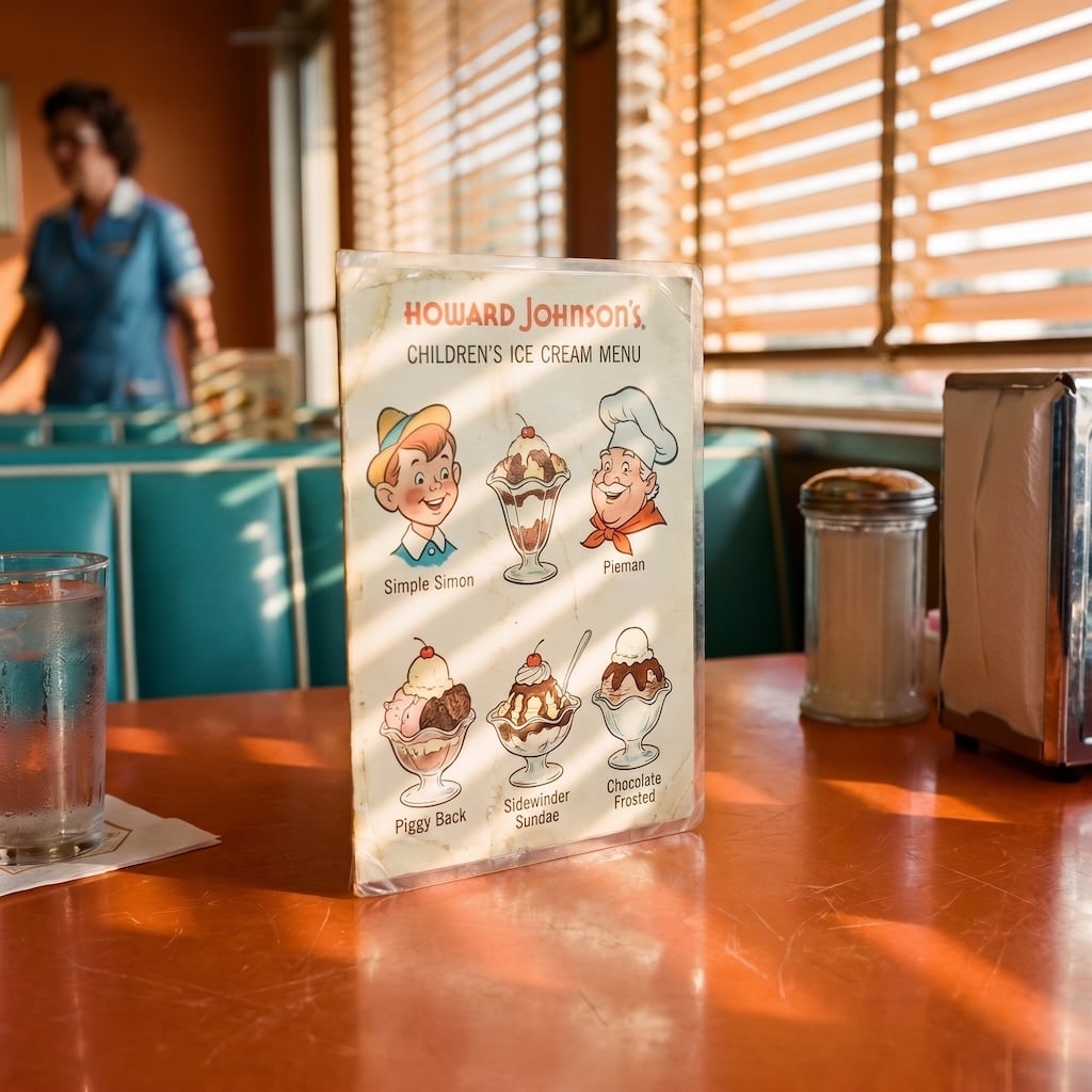 Howard Johnson's Simple Simon ice cream menu with illustrated sundaes