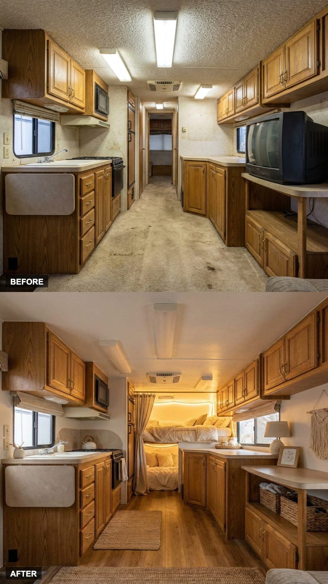 A warm sleeping loft with a curtain replaces the cramped overhead bunk