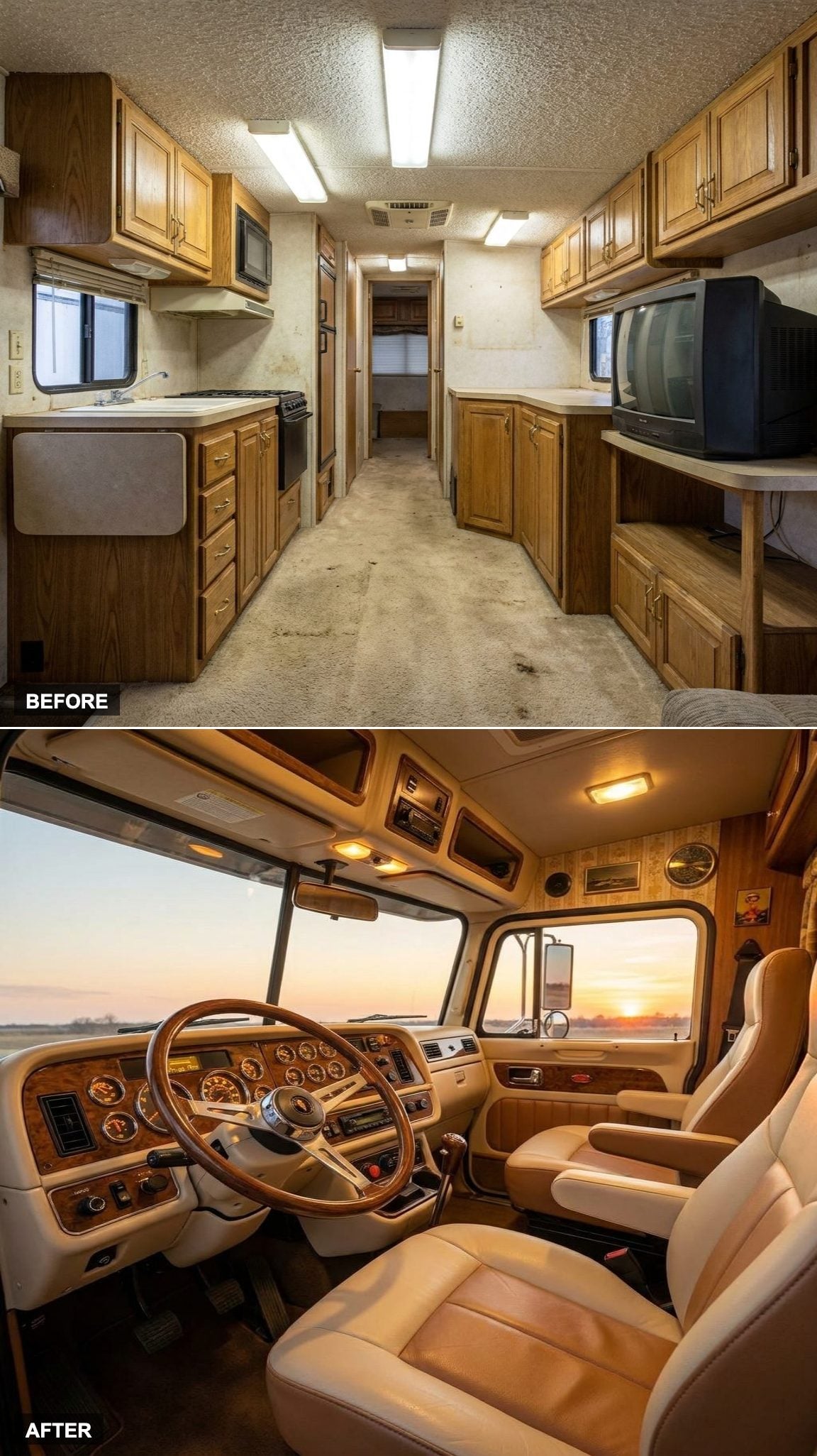 Tan leather and wood trim take over the driver's cab