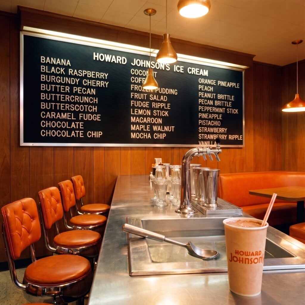 Howard Johnson's board listing 28 ice cream flavors