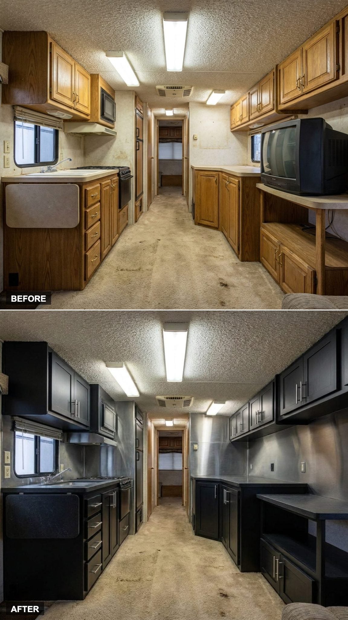Black-and-stainless takes the old galley somewhere more industrial