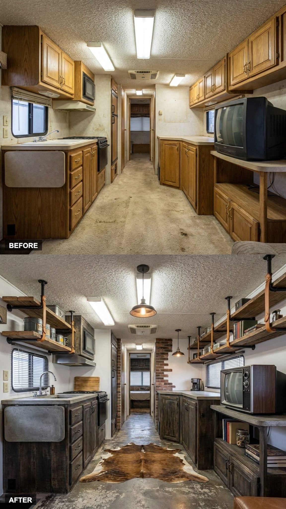 Open wood-and-pipe shelving takes the place of heavy overhead cabinets