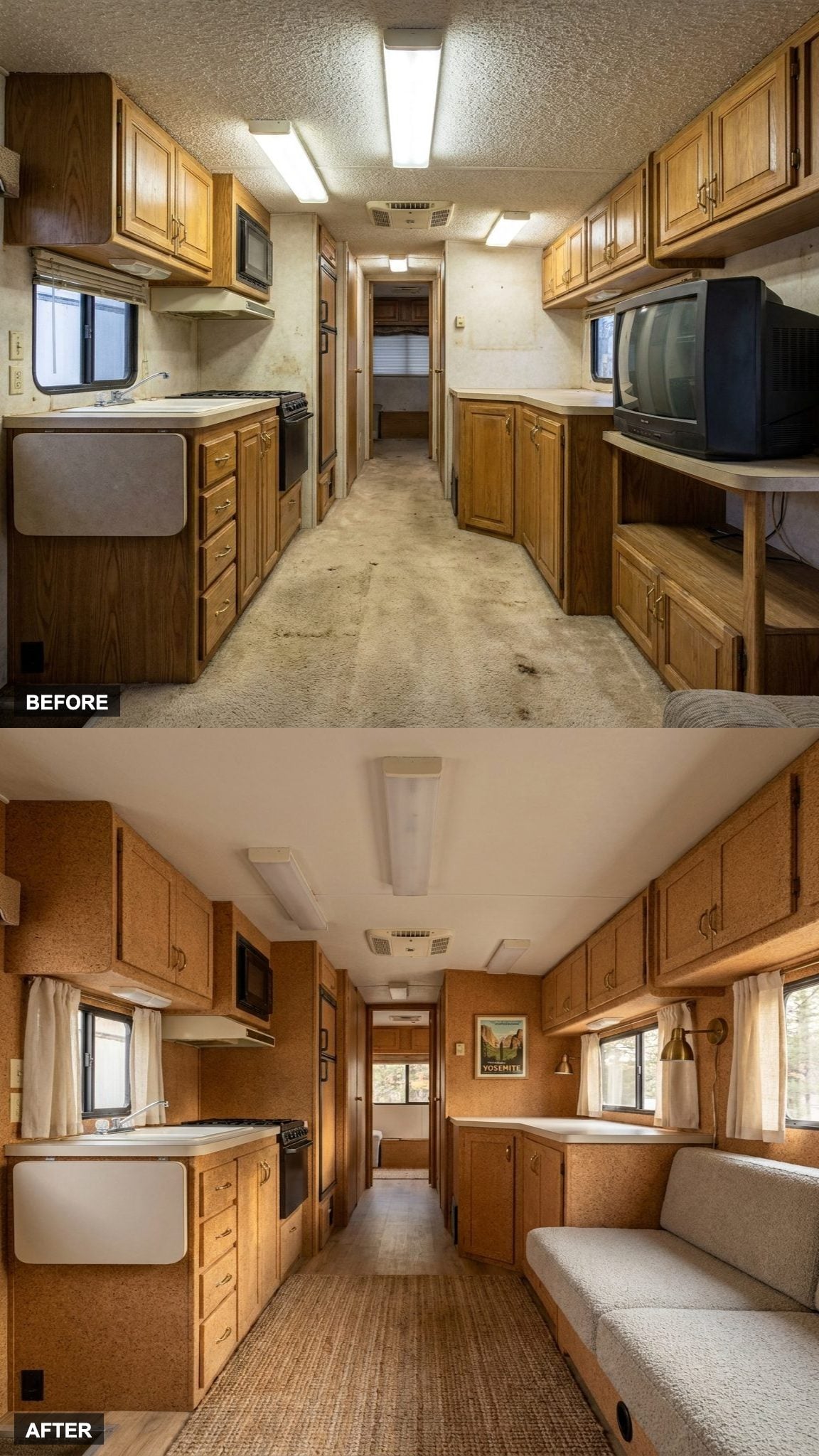 Cork-toned walls replace the cheap printed wood grain