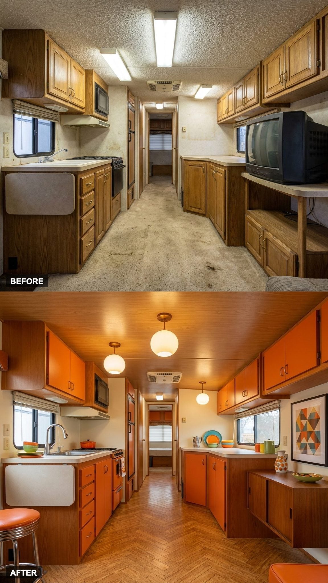 A herringbone cork floor retires the rust-orange shag