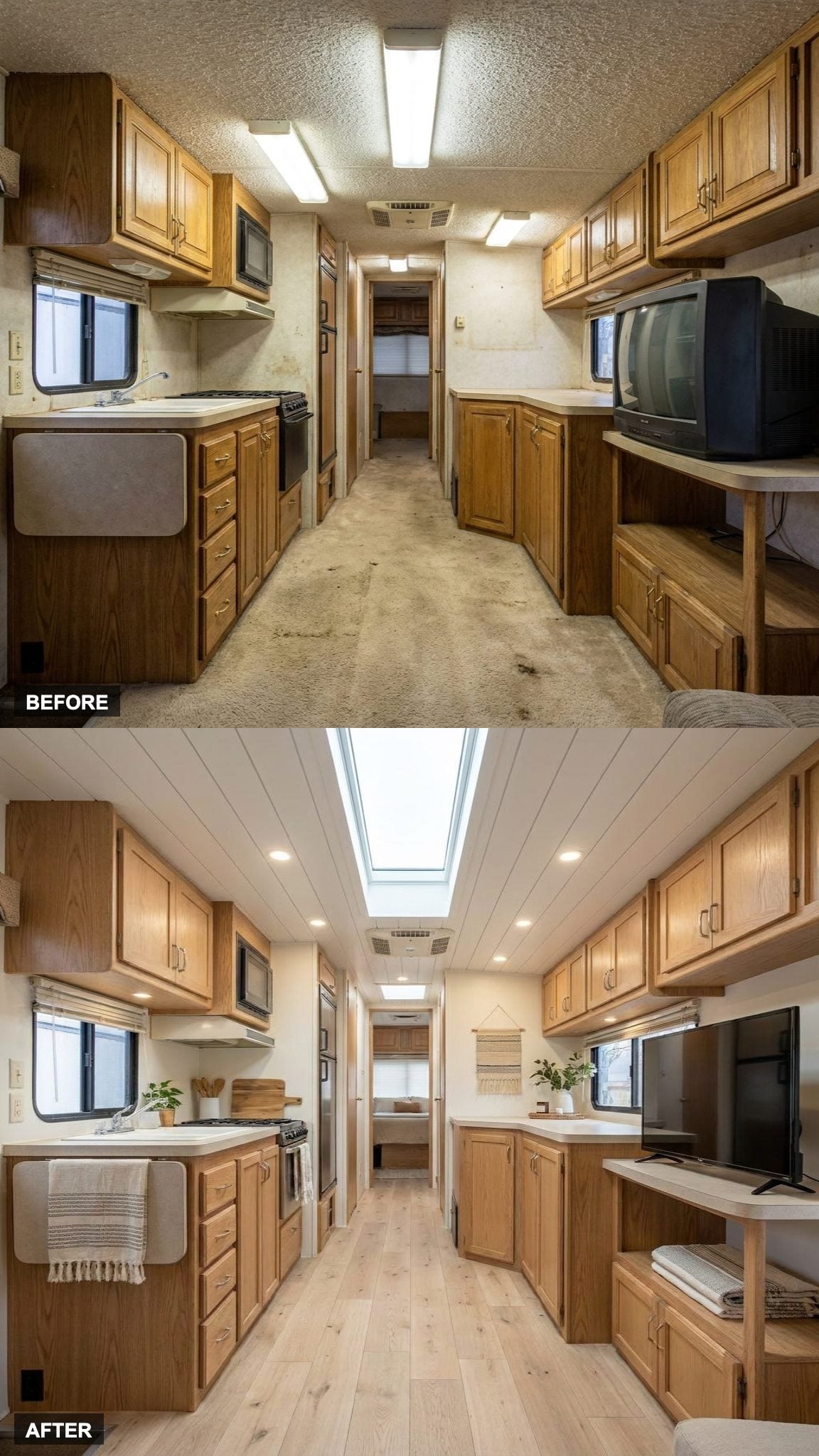 A pale plank ceiling and long skylight open up the whole cabin