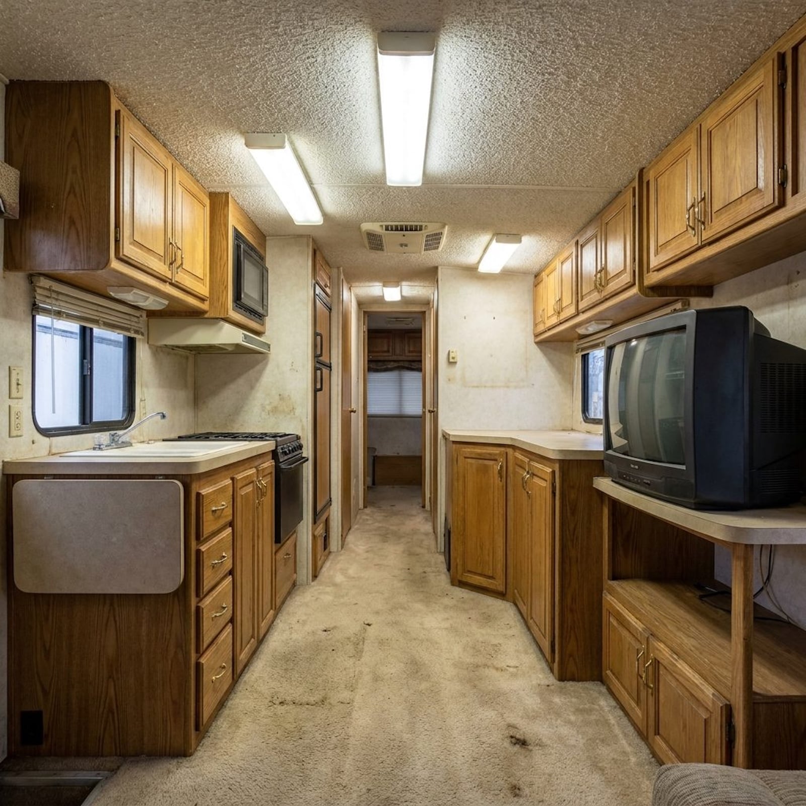 Boxy 1980s RV transformed into a rolling home with rooftop deck and outdoor kitchen
