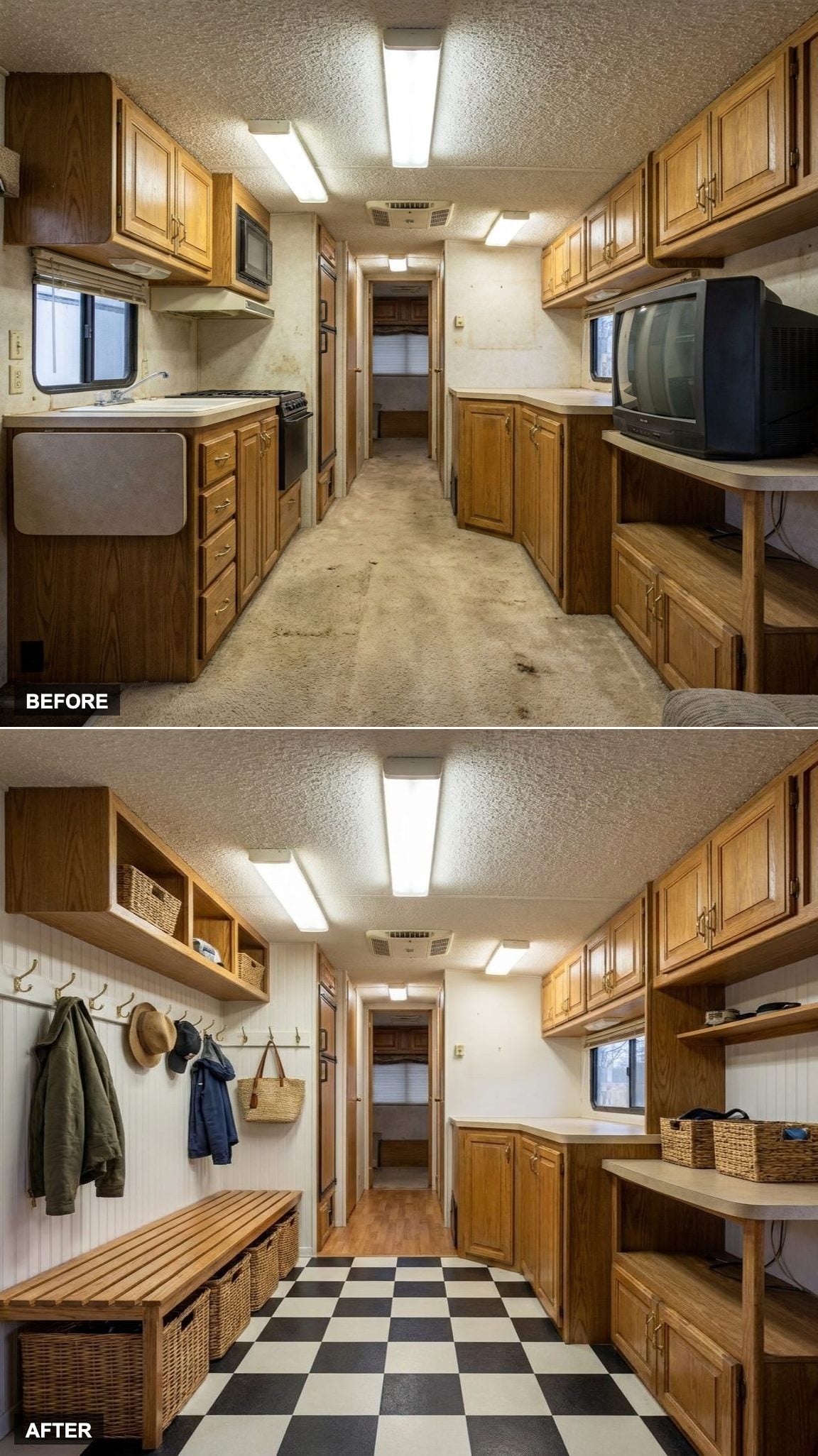 A proper mudroom with hooks and a bench fills an empty entry wall