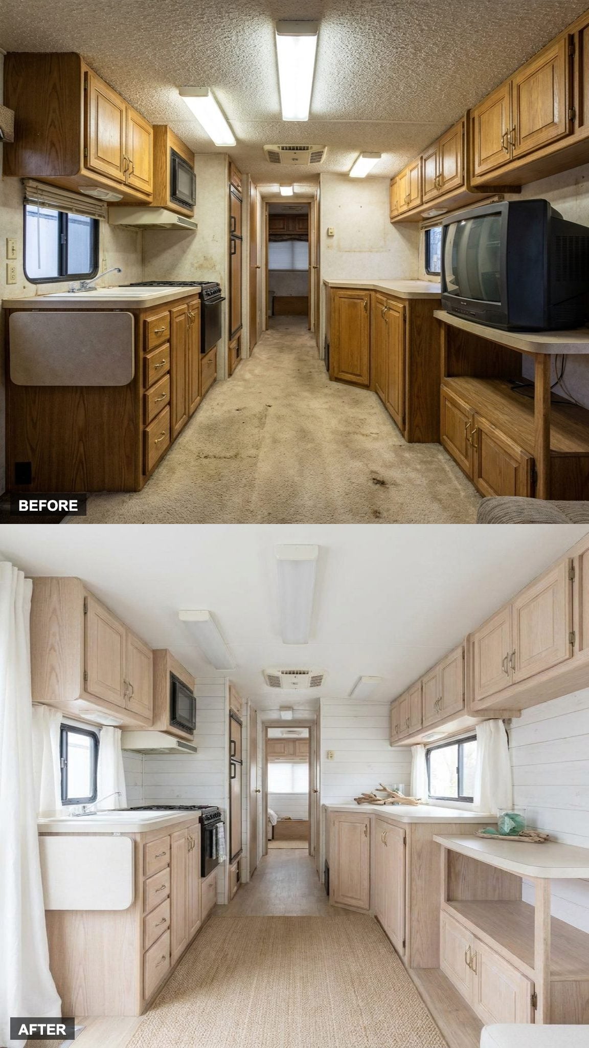 Pale paneling and linen curtains take over from dark wood-grain walls