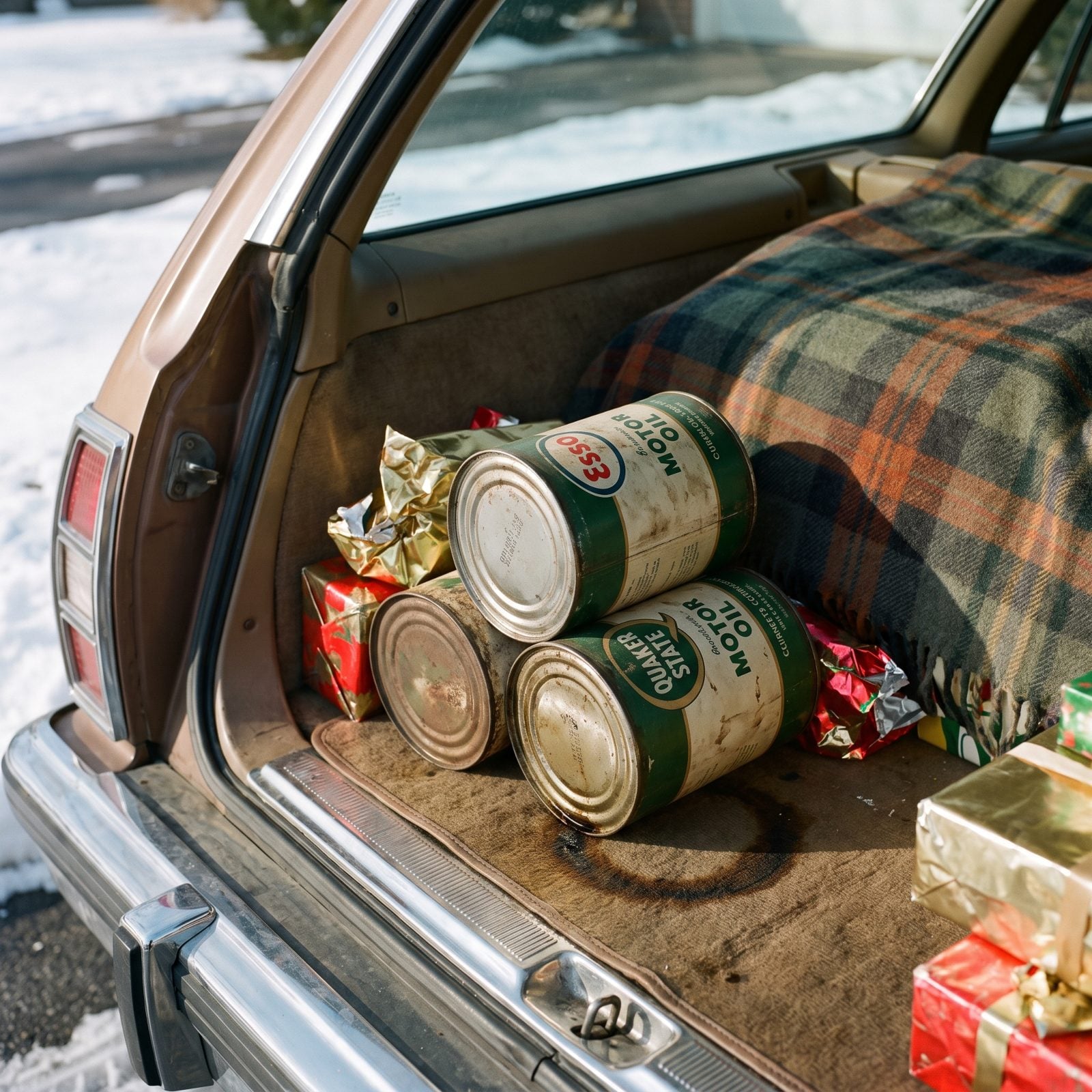 Cardboard Cans of Motor Oil Wedged Against the Gifts