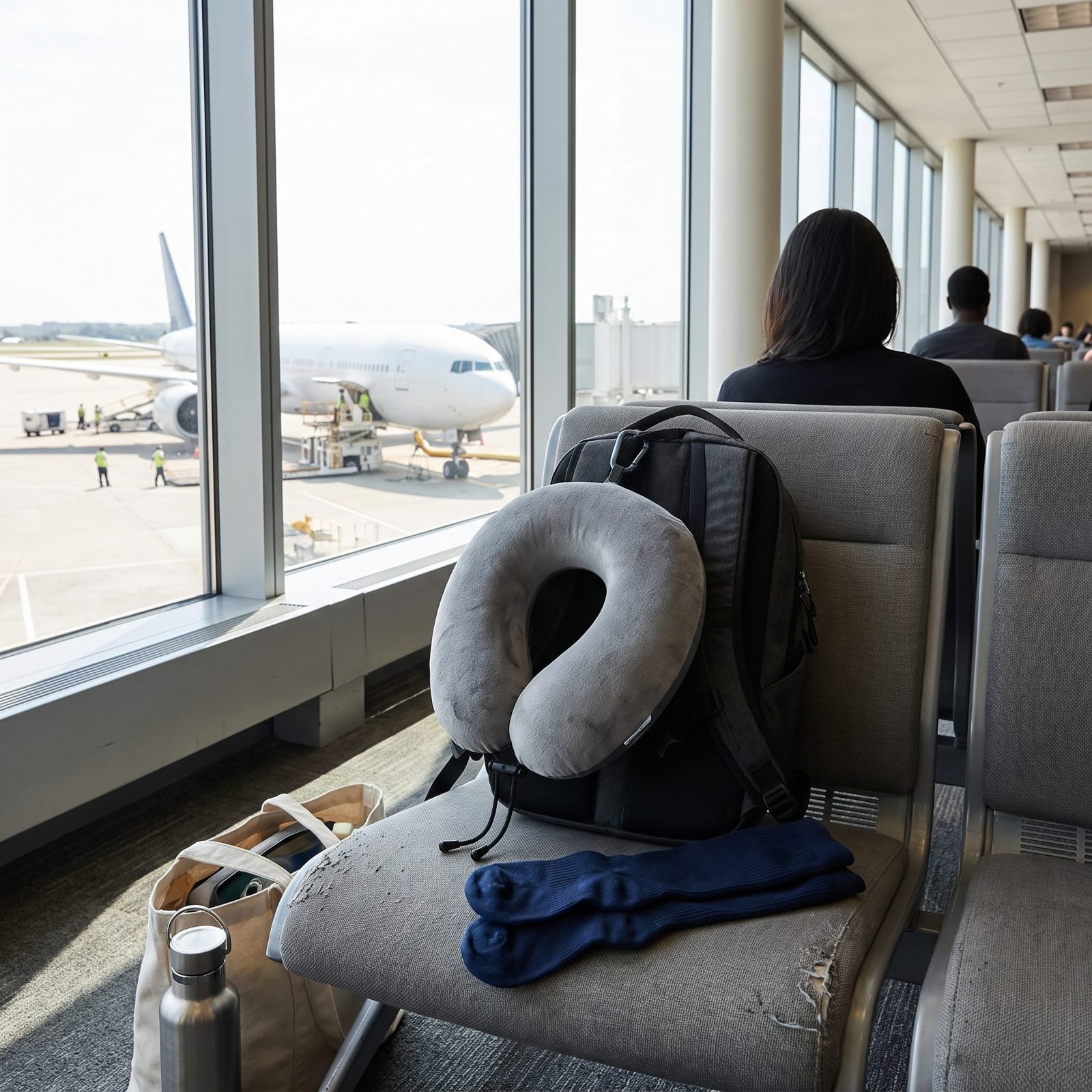 Airport gate seat with a gray U-shaped neck pillow clipped to a backpack, folded compression socks, and a water bottle